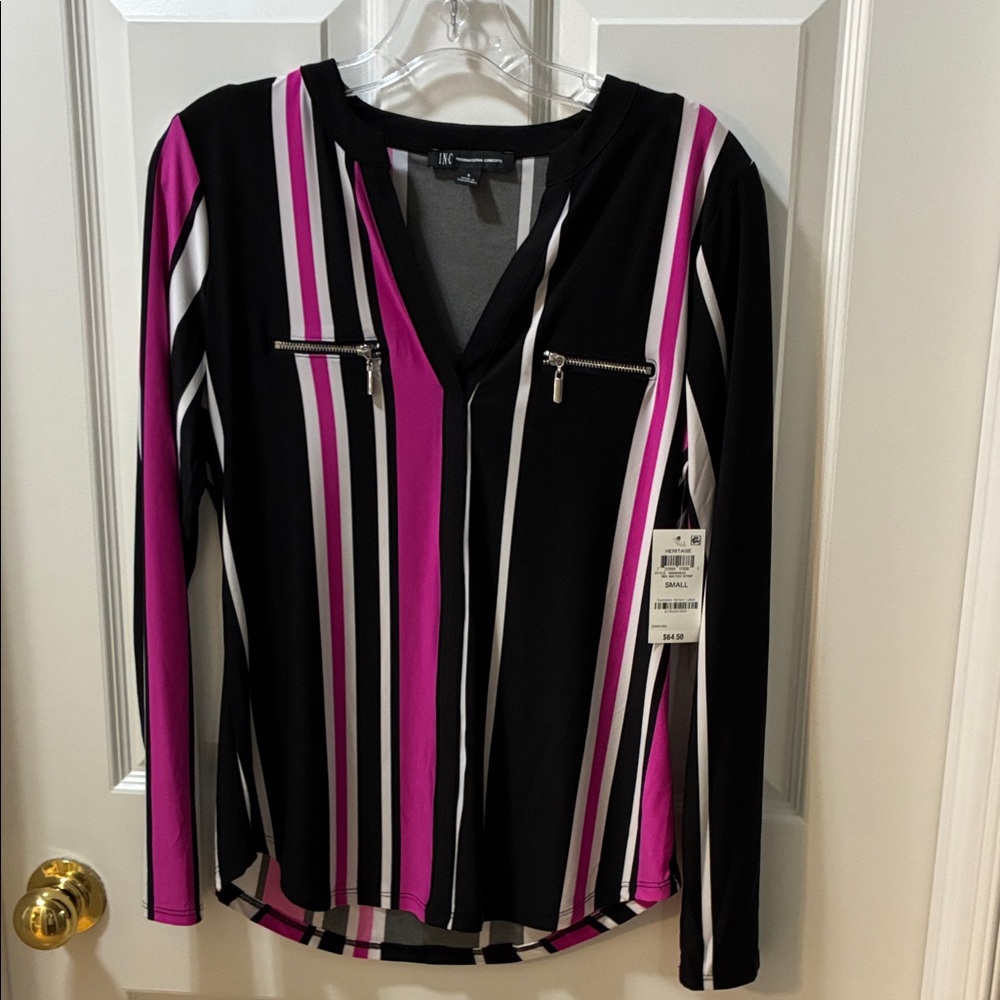 INC International Concepts Black and Pink Striped Blouse